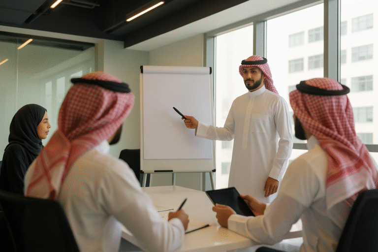 Saudi consultant presenting to a group of professionals in traditional dress during a business training session