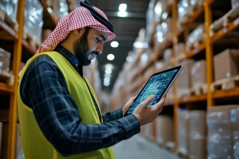 Warehouse worker using a digital tablet
