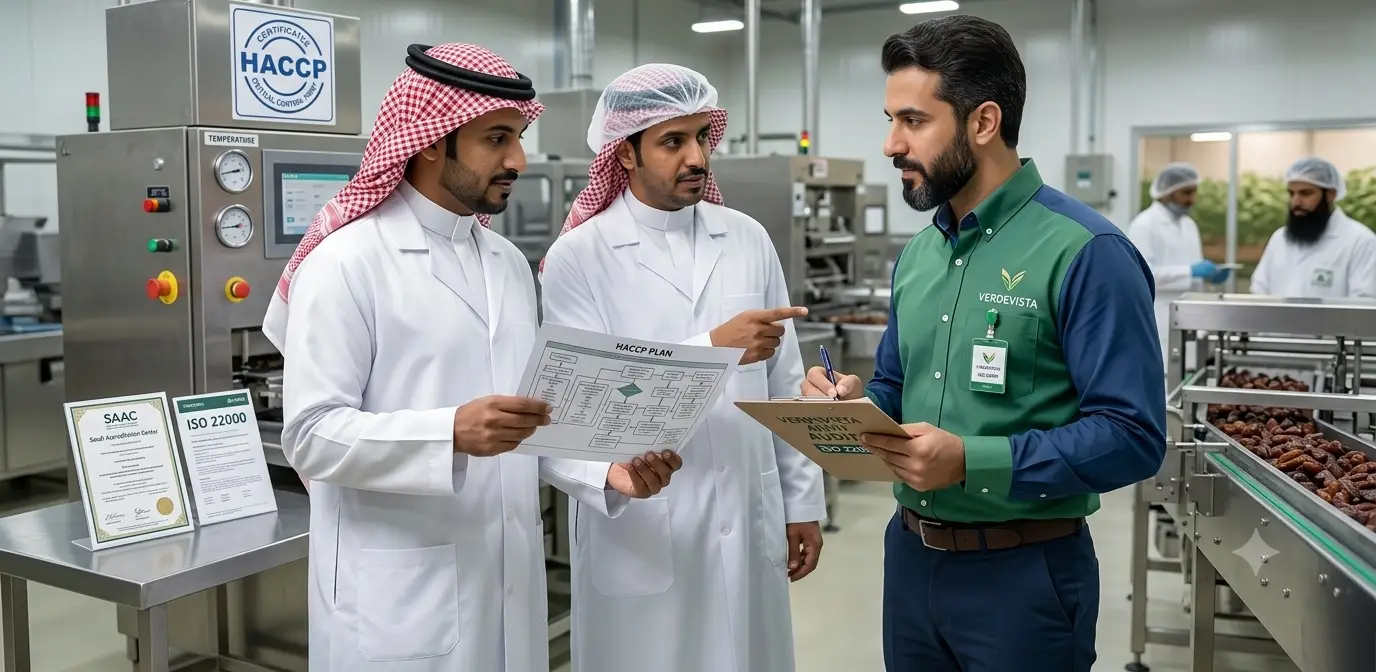 VerdeVista Consulting food safety consultants reviewing a HACCP plan at a Saudi food manufacturing facility