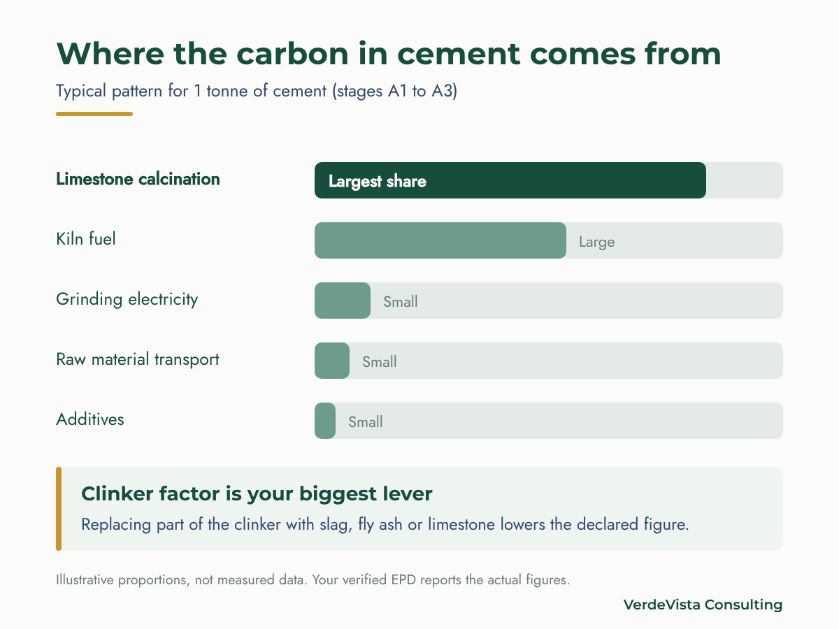 Where the carbon in cement comes from: limestone calcination and kiln fuel dominate